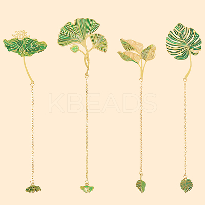 4Pcs 4 Styles Brass Leaf Pendant Bookmarks with Chain AJEW-CP0006-79-1