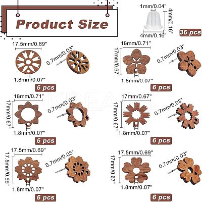 36Pcs 6 Style Walnut Wood Stud Earring Findings MAK-NB0001-11-1