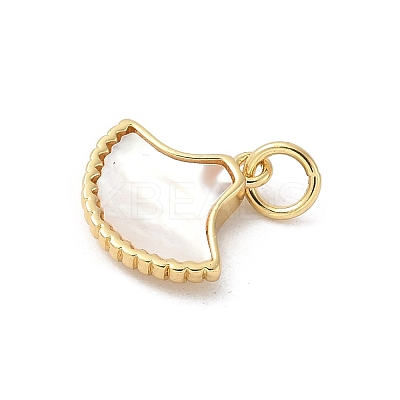 Brass Pave Natural White Shell Fan Charms with Jump Rings KK-S522-17G-1