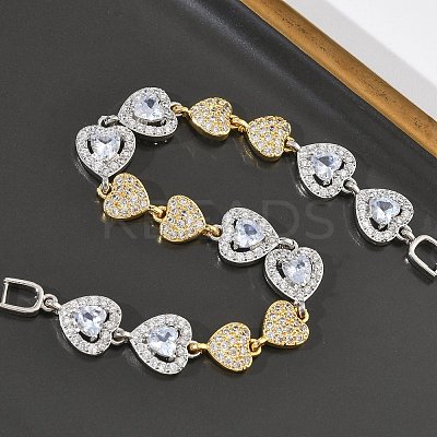 Heart Micro Pave Clear Cubic Zirconia Link Chain Bracelets for Women BJEW-C156-08B-PG-1
