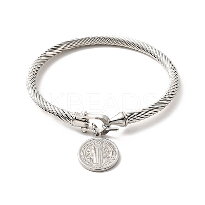 304 Stainless Steel Saint Benedict Charms Twist Rope Bangle for Women BJEW-P283-06C-1
