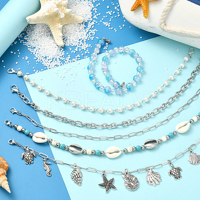 6Pcs 6 Styles Ocean Theme Synthetic Turquoise & Magnesite Beads and Alloy Baseball Cap Chain HJEW-SC0002-34-1