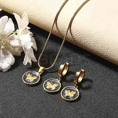 304 Stainless Steel Enamel Pendant Necklaces & Hoop Earring Set for Women SJEW-C007-03G-01-1