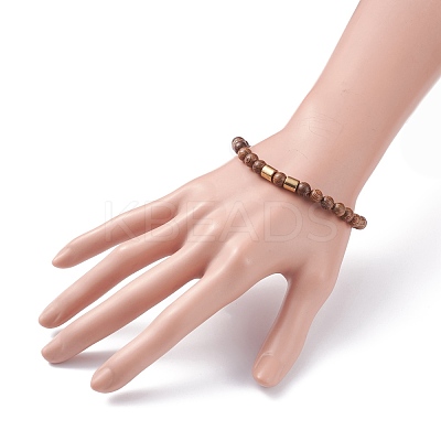 Natural Wenge Wood Round Beaded Stretch Bracelet with Synthetic Hematite for Men Women BJEW-JB07549-03-1