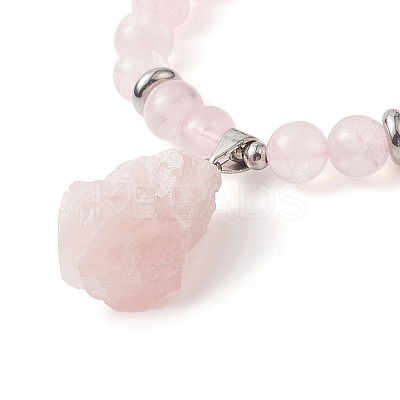 Round Natural Rose Quartz Beaded Stretch Bracelet with Nuggets Charms for Women BJEW-JB09316-02-1