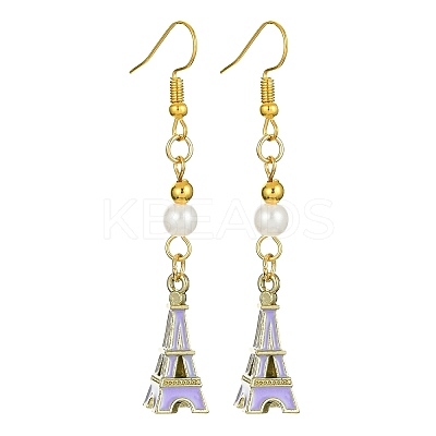 Alloy Enamel Eiffel Tower Dangle Earrings with Imitation Pearl Beaded EJEW-JE05422-02-1