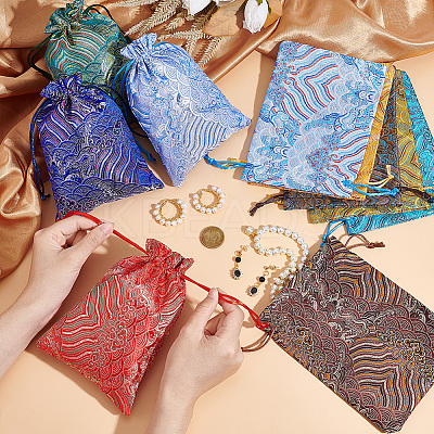 10Pcs 10 Colors Chinese Style Brocade Drawstring Gift Blessing Bags ABAG-NB0001-87-1