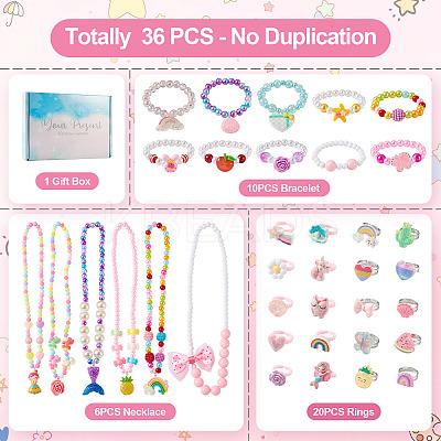 Flower & Shell & Watermelon & Rabbit Plastic Cuff & Adjustable Ring & Pendant Necklace & Stretch Bracelets SJEW-TA0001-02-1