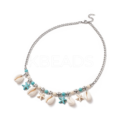 Synthetic Turquoise Starfish & Natural Shell Pendant Necklace NJEW-TA00063-1