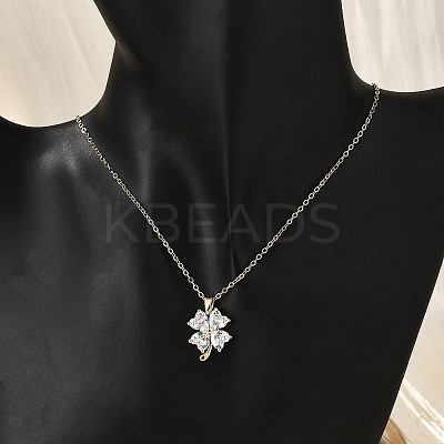 Brass Micro Pave Cubic Zirconia Four Leaf Clover Pendant Neckalces for Women NJEW-S448-02G-1
