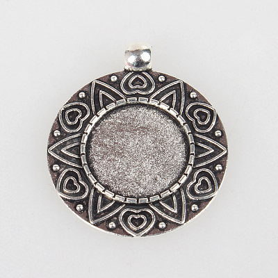 Vintage Tibetan Style Alloy Carved Heart Pendant Cabochon Bezel Settings X-TIBEP-O006-57AS-1