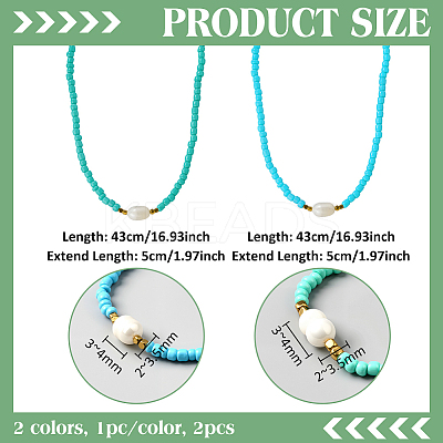 2Pcs 2 Color Rice Natural Pearl & Glass Seed Beaded Necklaces for Women NJEW-GO0001-04A-1
