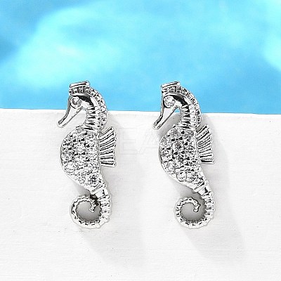 Sea Horse Brass Micro Pave Cubic Zirconia Ear Studs EJEW-D304-38P-1