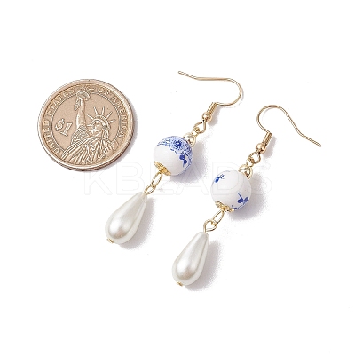 Round with Flower Pattern Porcelain Ceramic Dangle Earrings EJEW-JE06347-01-1