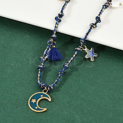 304 Stainless Steel Blue Enamel Moon Pendant Cotton Cord Adjustable Necklaces NJEW-C093-04G-1