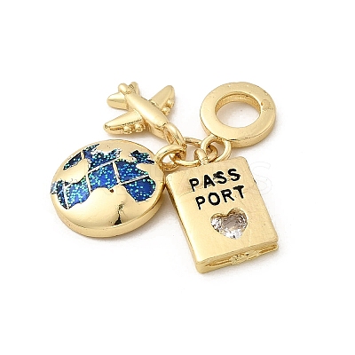 Brass Enamel Airplane & Earth & Passport European Dangle Charms KK-M309-18G-02-1