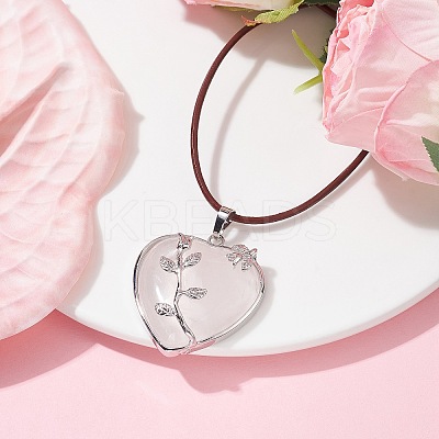 Natural Rose Quartz Heart Pendant Necklace with Cowhide Leather Cords NJEW-JN04598-02-1