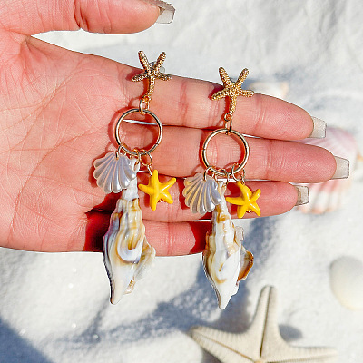 Alloy Resin Shell Shape with Starfish Dangle Stud Earrings FS-WG8A9F4-01-1