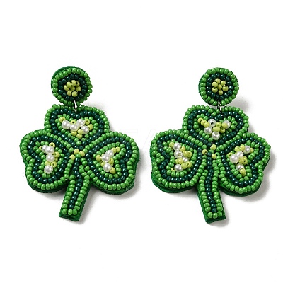 Saint Patrick's Day Glass Seed Beaded Dangle Stud Earrings EJEW-F327-01A-1