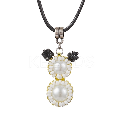 Glass Seed Beads & Glass Pearl Round Beaded Bear Pendant Waxed Cotton Cord Necklaces for Women Men NJEW-MZ00126-05-1