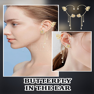 1 Pair Alloy Glass Tassel Cuff Earrings for Women EJEW-LP0001-65-1
