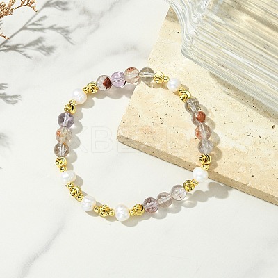 Round Natural Lodolite Quartz & Cultured Freshwater Pearl & Brass Beaded Stretch Bracelets for Women BJEW-JB14060-03-1
