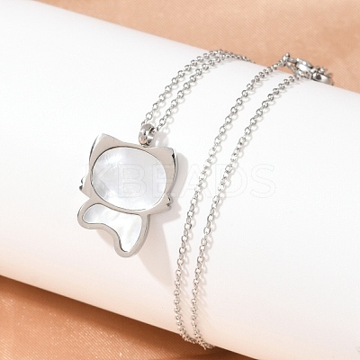 304 Stainless Steel Pave Natural White Shell Cute Cat Shaped Pendant Necklaces for Women NJEW-F339-01P-1