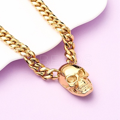 304 Stainless Steel Skull Pendant Cuban Link Chain Necklaces NJEW-C099-06G-1