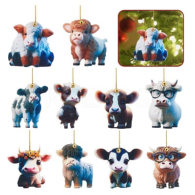 10Pcs 10 Styles Cartoon Cattle Acrylic Pendant Decorations HJEW-OC0001-33-1
