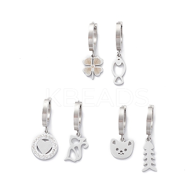 3 Pair 3 Style Heart & Bear & Fish & Clover Crystal Rhinestone Asymmetrical Earrings EJEW-B020-15P-1