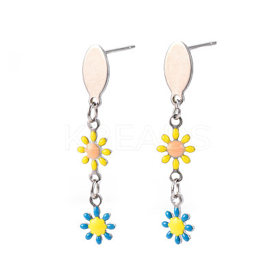 Flower Enamel Long Dangle Stud Earrings EJEW-N049-03A-1