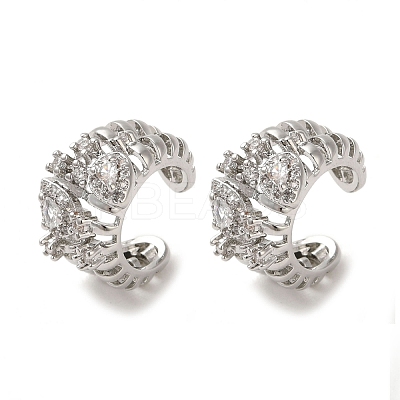Rack Plating Brass Pave Clear Cubic Zirconia Hollow Croissant Ring Cuff Earrings for Women EJEW-P280-17P-1