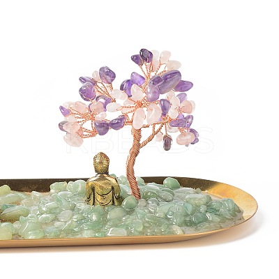 Natural Amethyst Money & Rose Quartz Tree Buddha Sculpture Set Incense Burner & Natural Green Aventurine on Trays for Wealth DJEW-G027-19RG-08-1