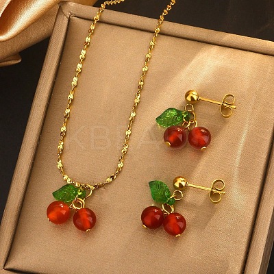 Cherry 304 Stainless Steel Glass Pendant Necklaces & Stud Dangle Earrings Sets WGB239D-01-1
