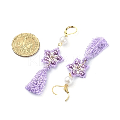Glass Pearl Beaded Star with Tassel Dangle Leverback Earrings EJEW-MZ00054-1