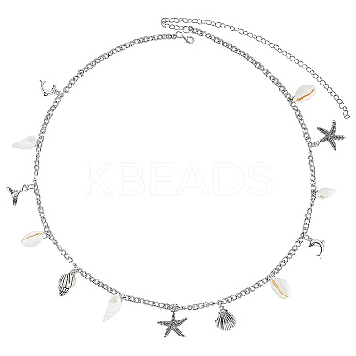 Ocean Theme Alloy and Natural Shell Starfish Shell Shaped Charm Waist Chains with Alloy Buckle AJEW-WH20019-31-1