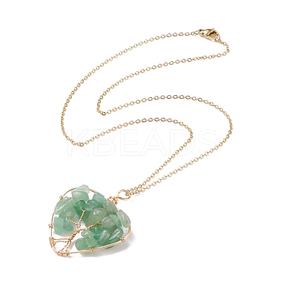 Natural Green Aventurine Chips Heart with Tree of Life Pendant Necklace NJEW-JN03906-02-1