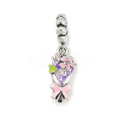 Brass Rhinestone Pink Enamel Bouquet European Dangle Charms KK-P324-06P-1