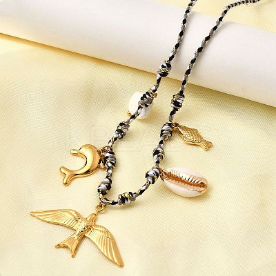 Summer Beach 304 Stainless Steel & Electroplated Natural Shell Pendant Adjustable Polyester Cord Necklaces for Women NJEW-F348-01A-G-1