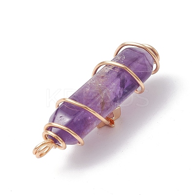 Natural Amethyst Copper Wire Wrapped Pointed Pendants PALLOY-JF02535-02-1