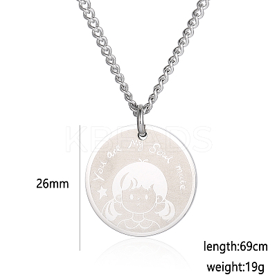304 Stainless Steel Female Flat Round Pendant Cartoon Couple Twisted Chain Necklaces QA8832-2-1
