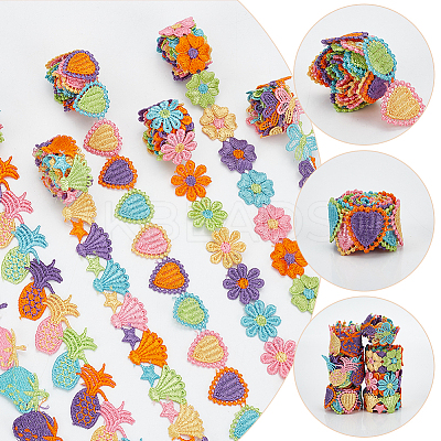 7Pcs 7 Styles Rainbow Color Polyester Embroidery Lace Trim OCOR-WR0003-76-1