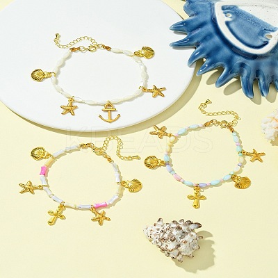 Starfish & Shell & Cross Alloy Charm Bracelet BJEW-FS00016-1
