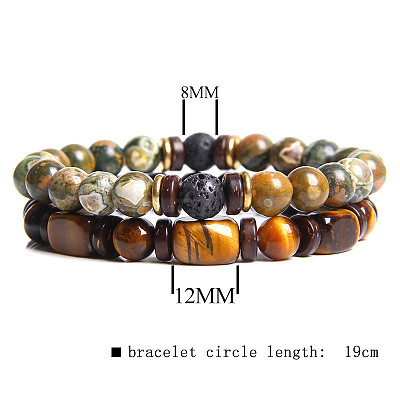 Men's Double-layered Tiger Eye Stone Beaded Bracelet Set - Natural Gemstone Jewelry ST4931757-1