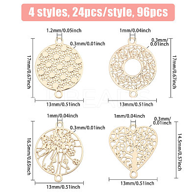 96Pcs 4 Styles Rack Plating Brass Filigree Connector Charms KK-CA0002-89-1