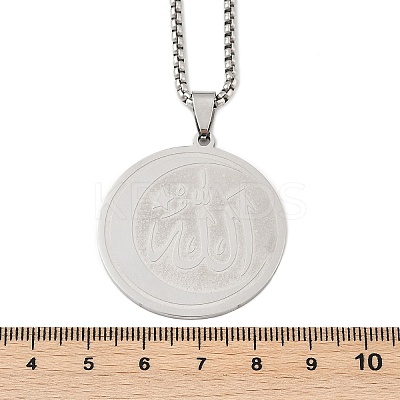 201 Stainless Steel Flat Round with Arabic Pendant Box Chain Necklaces for Women Men NJEW-R013-03P-1
