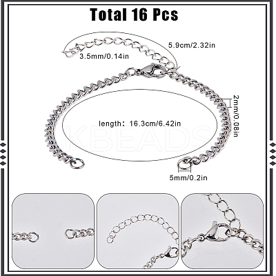 16Pcs 304 Stainless Steel Twisted Chains Bracelet Making AJEW-SC0002-50-1