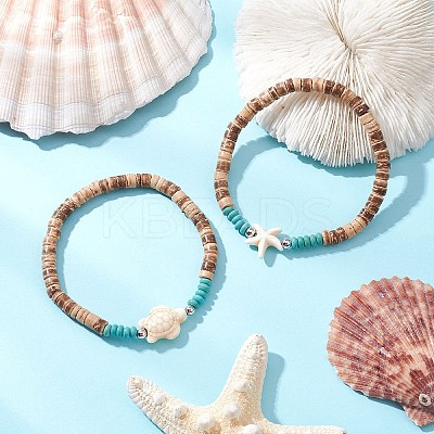 2Pcs Starfish & Tortoise Natural Coconut with Synthetic Turquoise Beads Stretch Bracelets for Men Women BJEW-JB11743-1
