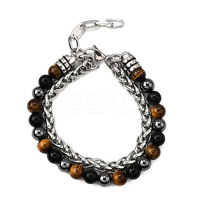 Natural Tiger Eye & Obsidian & Hematite Round Beads Multi-strand Bracelets BJEW-D330-02P-09-1