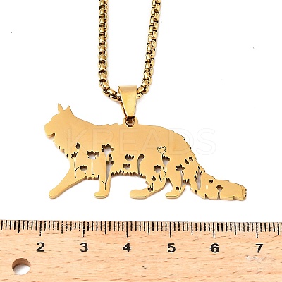 201 Stainless Steel Hollow Cat Shaped Pendant Box Chain Necklaces LS-NJEW-M086-06G-1